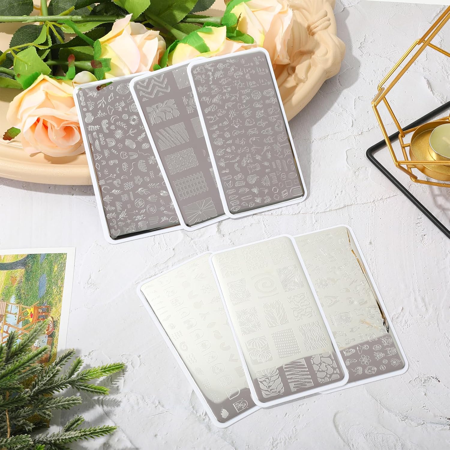 Whaline 6Pcs Abstract Lady Face Nail Plates Stamping Set Boho Plant Stamp Templates Nail Art Plates for DIY Print Manicure Salon Design Gift Supplies-BrightBean Baby