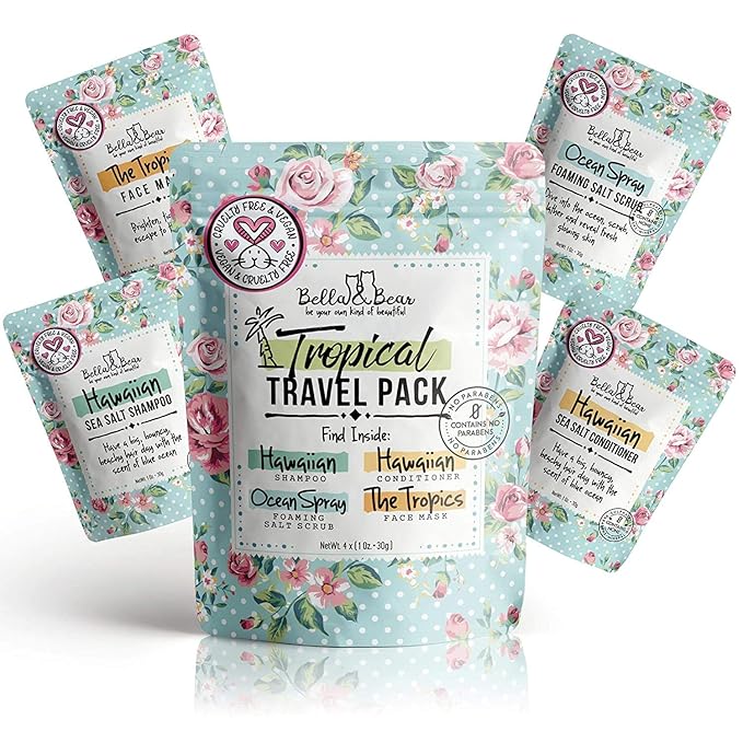 Bella & Bear Tropical Travel Pack, Self Care Kit, Includes Cruelty Free Shampoo, Conditioner, Body Scrub, Face Mask,1oz, Pack of 4-BrightBean Baby