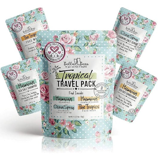 Bella & Bear Tropical Travel Pack, Self Care Kit, Includes Cruelty Free Shampoo, Conditioner, Body Scrub, Face Mask,1oz, Pack of 4-BrightBean Baby