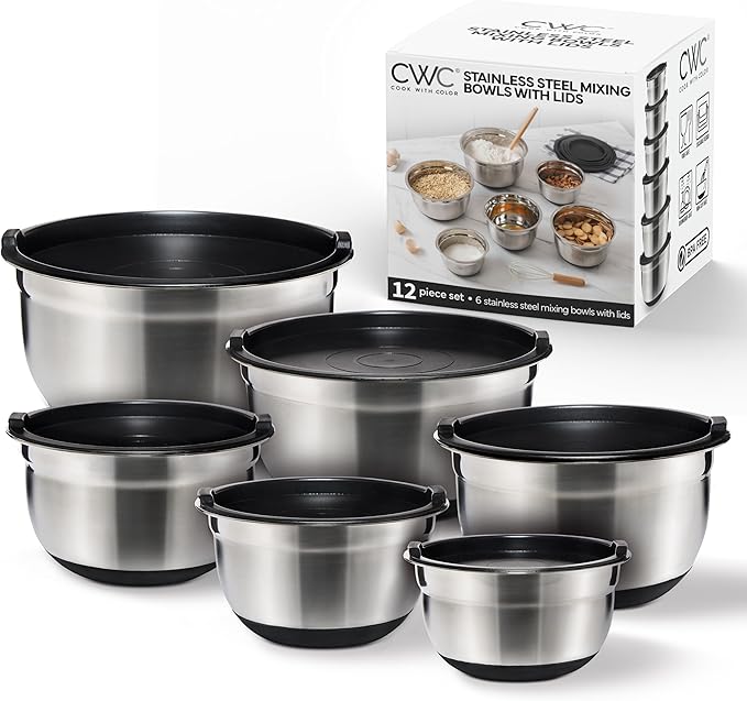 COOK WITH COLOR Stainless Steel Mixing Bowls Set with Lids - Nesting Bowls with Non-Slip Bottom, Black, 12 Pieces