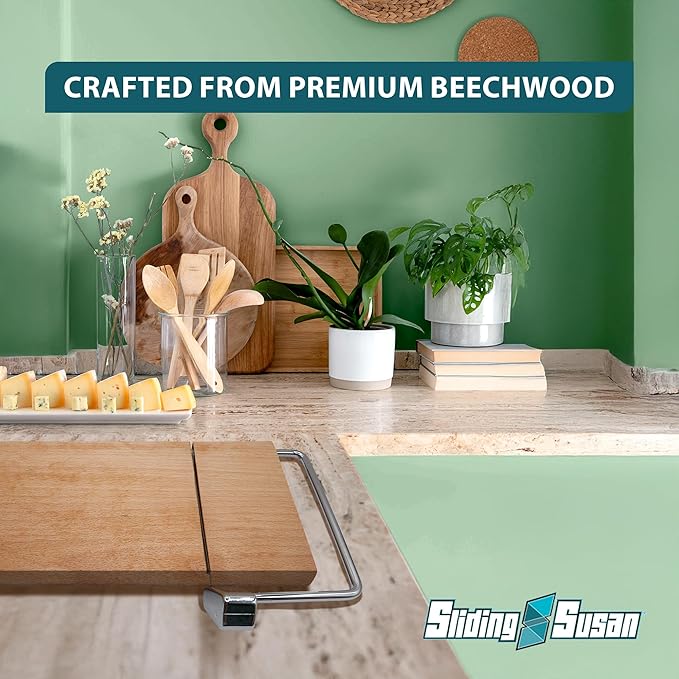 SlidingSusan Cheese Cutting Board - 11” Beech Wood with Silver Stainless Steel Slicer - Charcuterie Block for Hard & Soft Cheeses, Butter, Meat – Heavy Duty Handheld Kitchen Tool