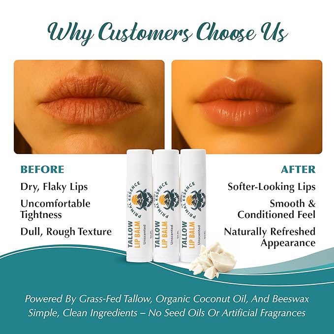 Moisturizing Tallow Lip Balm – Grass-Fed Beef Tallow with Organic Coconut Oil, Beeswax, and Vitamin E – Unscented Lip Balm Set – Travel Essential - 3-Pack-BrightBean Baby