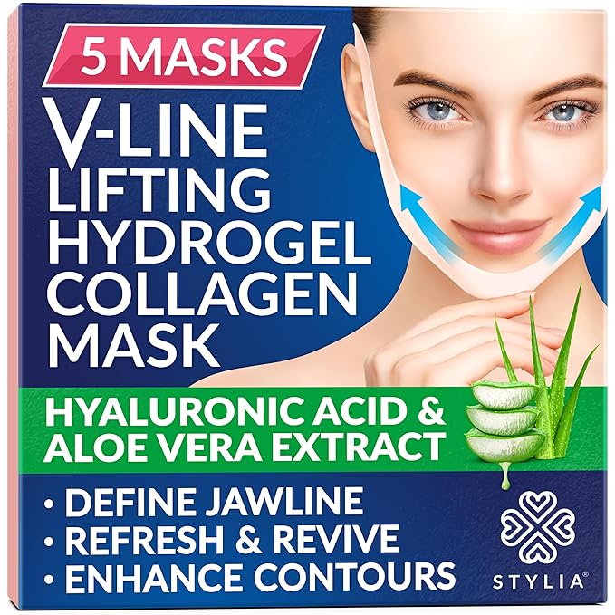 Stylia V Line Lifting Collagen Face Mask - Double Chin Strap for Women - Jawline Shaper Face Lift Tape - Neck Lift Collagen Mask - Chin Strap for Sleeping - Hyaluronic Acid, Aloe Vera, Cica 5PC-BrightBean Baby