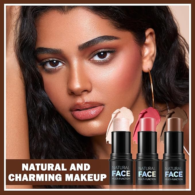 3PCS Cream Contour Stick Makeup Kit Face Highlighter Bronzer Blush Stick Long Lasting Illuminator Highlighters Makeup Stick for All Skin Tones(02 Champagne Gold+05 Rugosa Rose+06 Espresso)-BrightBean Baby