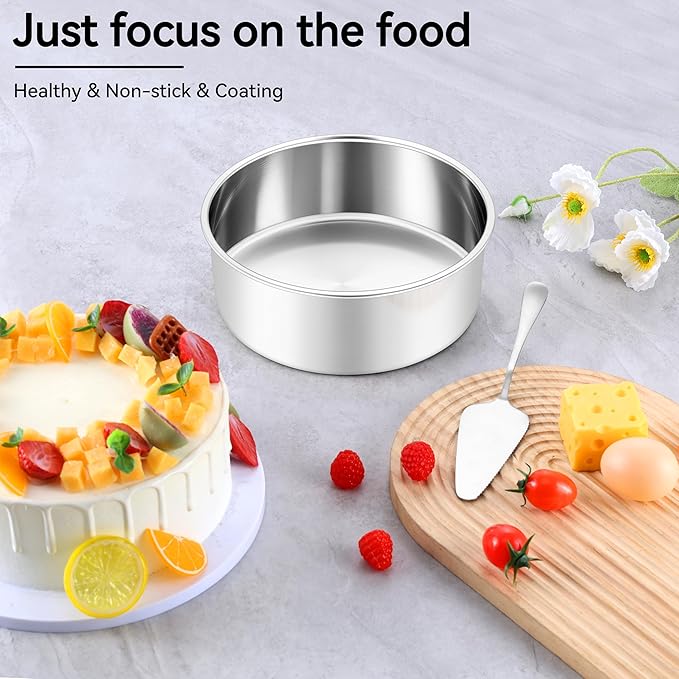 Leonyo 8 Inch Cake Pan, Stainless Steel Circle Baking Pans Set, 3 Pieces Round Layer Cake Tin for Wedding Birthday, Even Heating, Non Toxic & Healthy, Heavy-Duty, Dishwasher Safe