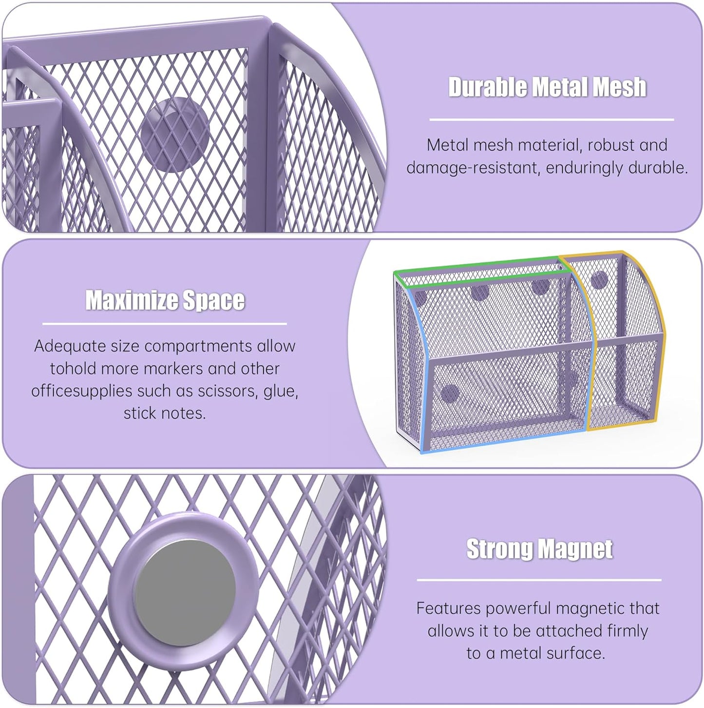 YINGHUA Strong Magnetic Pen Holder for Whiteboard and Refrigerator 3 Compartments Metal Mesh Organizer Space Saving Shelf for Office School Home and Locker - Purple-BrightBean Baby