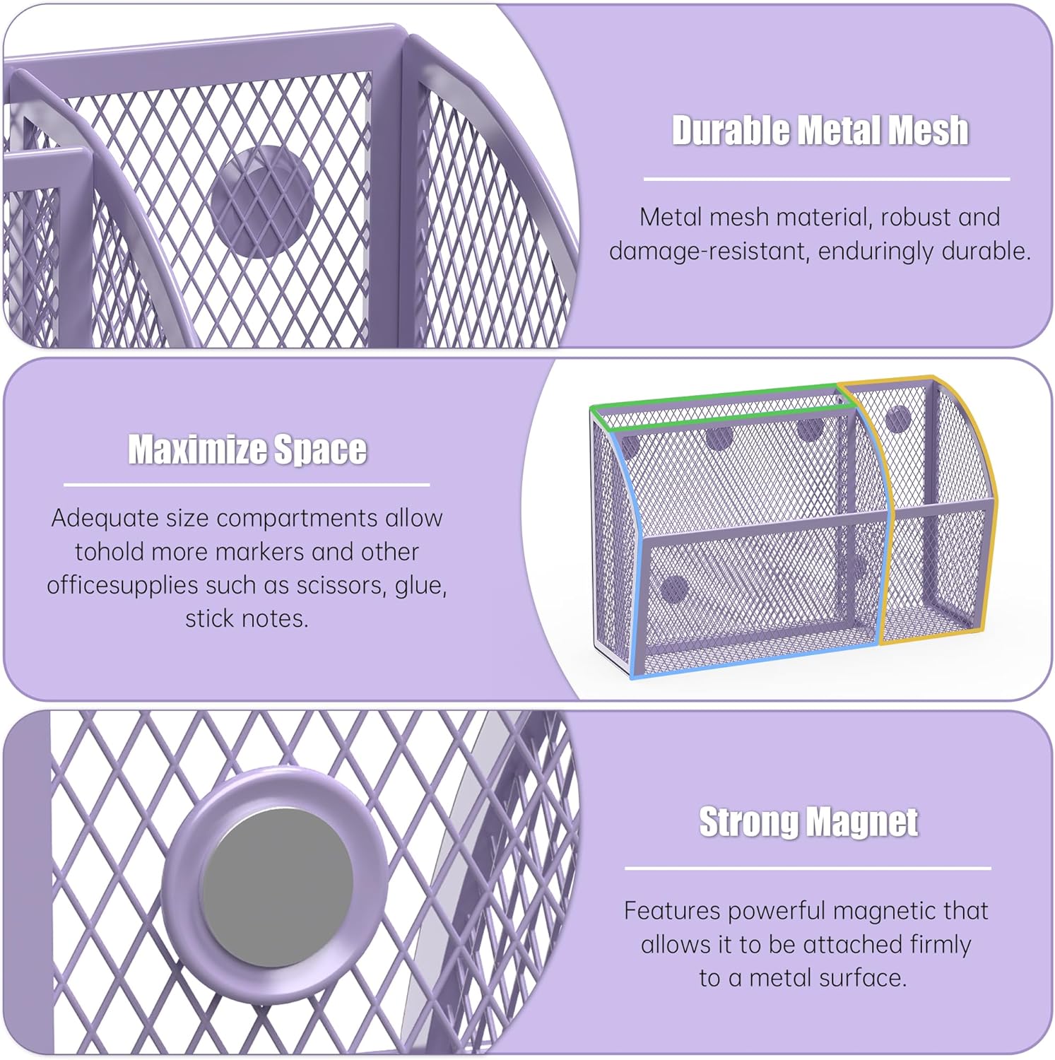 YINGHUA Strong Magnetic Pen Holder for Whiteboard and Refrigerator 3 Compartments Metal Mesh Organizer Space Saving Shelf for Office School Home and Locker - Purple-BrightBean Baby