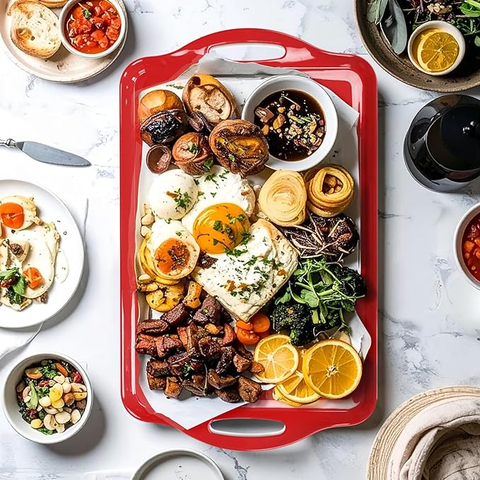 Extra Large Red/White Christmas Serving Tray with Handles, 19''x11.6'' Melamine Platters, Rectangular Trays for Serving Food, Turkey, Cookie, Cupcakes, Desserts, Dishwasher Safe, BPA-Free, Set of 2