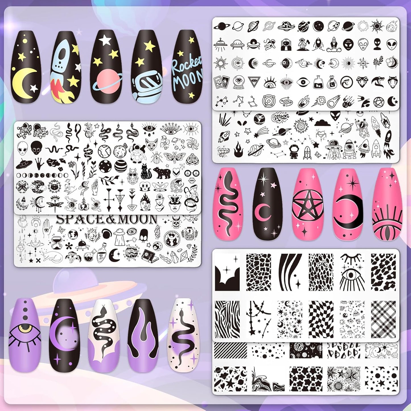 Whaline 6Pcs Outer Space Nail Plates Stamping Set Rocket Moon Planet Astronaut Stamp Templates Nail Art Plates for DIY Print Manicure Salon Design-BrightBean Baby