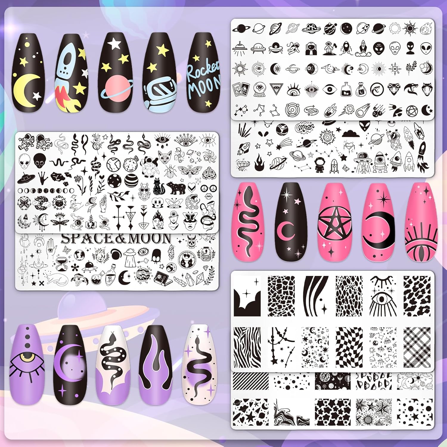 Whaline 6Pcs Outer Space Nail Plates Stamping Set Rocket Moon Planet Astronaut Stamp Templates Nail Art Plates for DIY Print Manicure Salon Design-BrightBean Baby