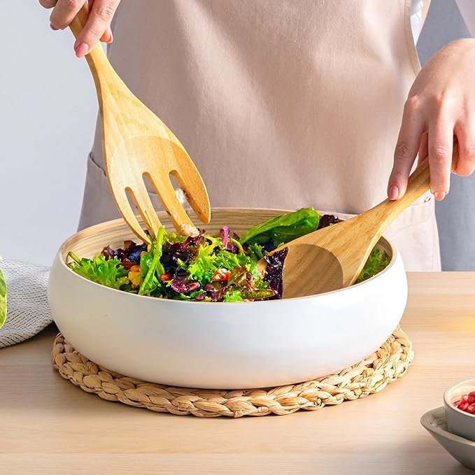 Dehaus® Large Premium Bamboo Salad Tongs - Eco Friendly Wooden Serving Spoons - Salad Serving Utensils - Salad Tosser Forks - Giant Wood Salad Servers - 12 inch Salad Hands