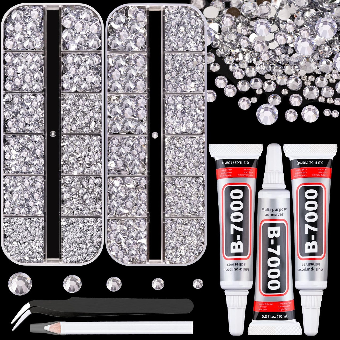 Resin Rhinestones for Crafting with B7000 Jewelry Glue, 2 Boxes Silver Clear Flatback Crystals with 3Pcs 10ml Glue for Bedazzling Crafts DIY Nail Art Makeup，Gems for Clothing Shoes-BrightBean Baby