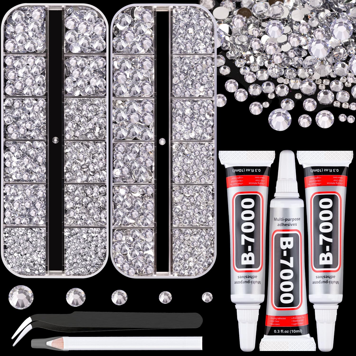 Resin Rhinestones for Crafting with B7000 Jewelry Glue, 2 Boxes Silver Clear Flatback Crystals with 3Pcs 10ml Glue for Bedazzling Crafts DIY Nail Art Makeup，Gems for Clothing Shoes-BrightBean Baby