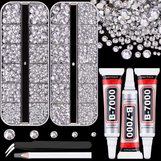 Resin Rhinestones for Crafting with B7000 Jewelry Glue, 2 Boxes Silver Clear Flatback Crystals with 3Pcs 10ml Glue for Bedazzling Crafts DIY Nail Art Makeup，Gems for Clothing Shoes-BrightBean Baby