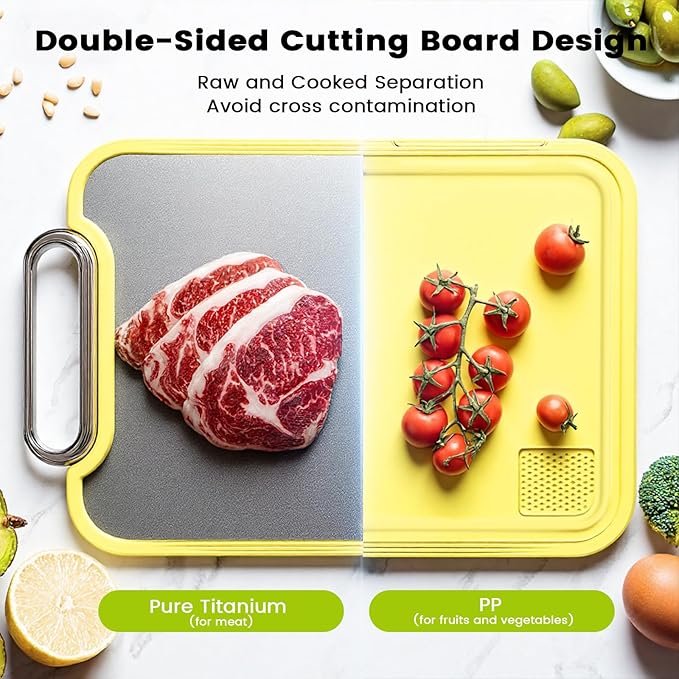 Titanium Cutting Board for Kitchen, Cutting Boards Non Toxic Double Sided Metal Pure Titanium and Wheat Straw PP Chopping Board Food Grade Easy to Clean Large Size 16"*10"*0.9"(Yellow)