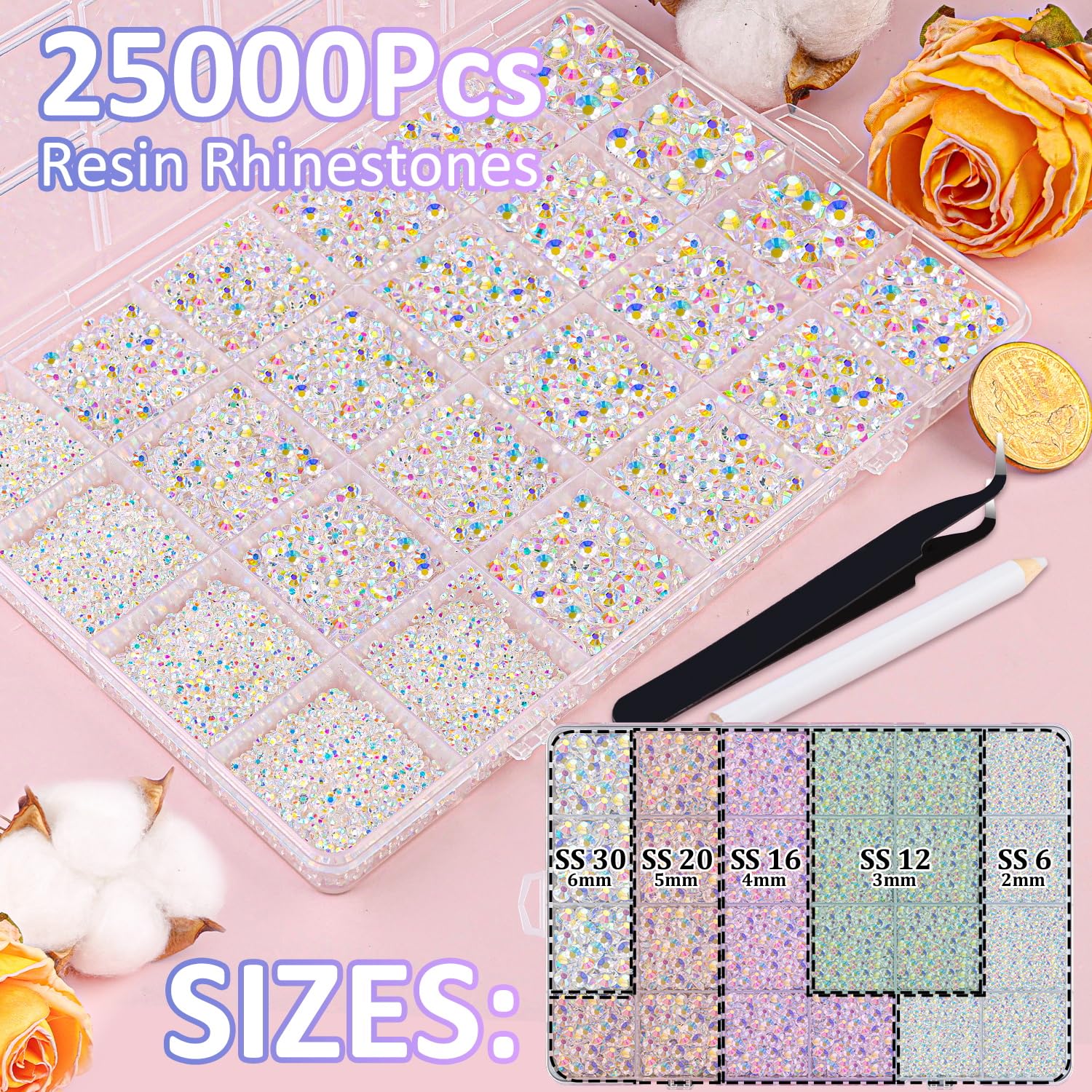 25000Pcs Resin Jelly Rhinestones for Crafting, Transparent AB 2-6mm Mixed Sizes Non Hotfix Flatback Gems, Bedazzling Crystal for DIY Crafts Clothing Tumblers Mugs Shoes Fabric Nail Art-BrightBean Baby