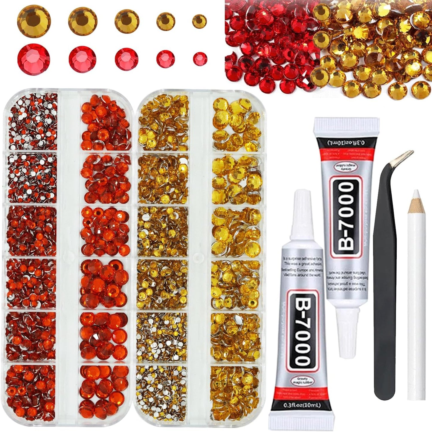 Gold and Red Rhinestones with Glue(S8-S30) for Bedazzling,2mm-6mm Non-Hotfix Flatback Nail Gems Beads with B7000, Resin Nail GemsStones Diamond Kit for Bedazzle Crafting, Nails DIY Art Decoration-BrightBean Baby
