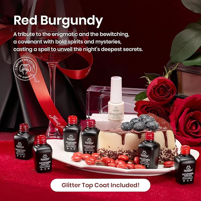 Beetles Red Gel Nail Polish Set with Top Coat, 6 Colors Popular Shimmer Red Burgundy Gel Polish Kit Nail Art Design Soak Off Uv LED Minicure DIY Home Gifts for Women-BrightBean Baby