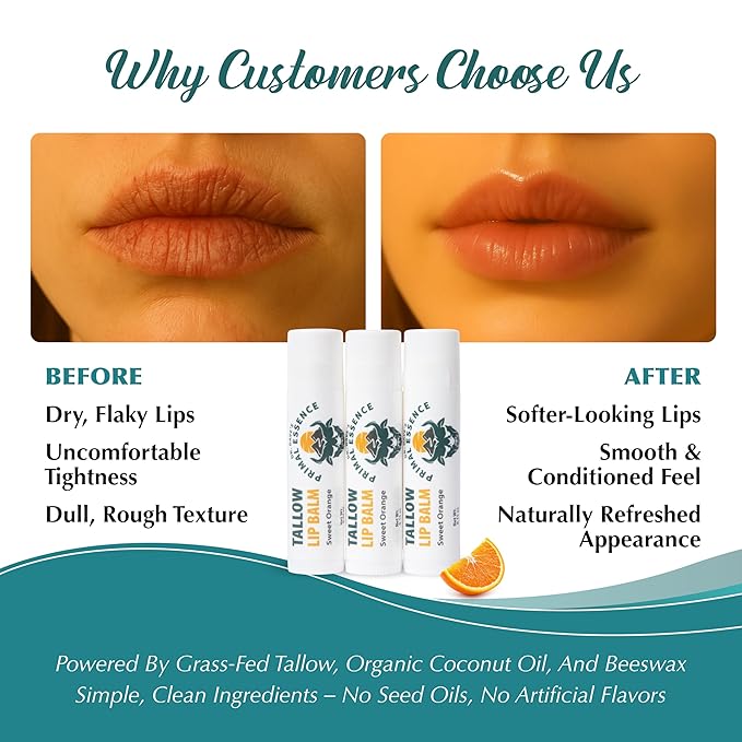 Moisturizing Tallow Lip Balm – Grass-Fed Beef Tallow with Organic Coconut Oil, Beeswax, and Vitamin E – Sweet Orange – Lip Balm Set – Travel Essential – 3-Pack-BrightBean Baby