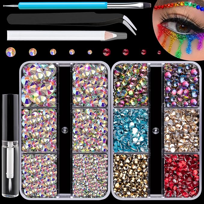 Colorful Face Gems for Makeup Set, Flatback Gorgeous AB Glass Gem, Mixed-Colored Crystals with Makeup Glue+Picker Pencil+Tweezer+Dual-End Dotting Tool for Eye Body Hair Make-up and Nail Art Deco-BrightBean Baby