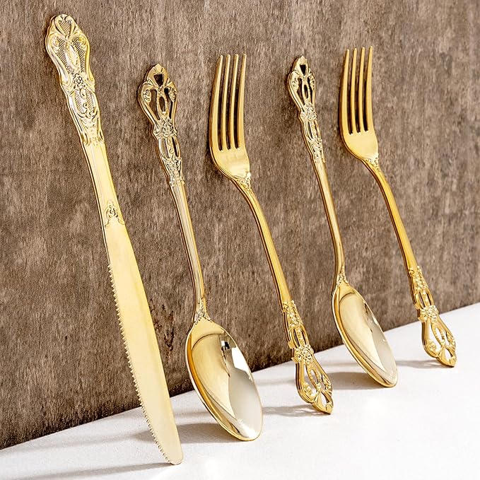 40PCS Gold Plastic Silverware - Heavy Duty Elegant Disposable Utensils - Gold Plastic Cutlery Set Includes 20 Forks, 10 Spoons, 10 Knives for Dinner, Parties, Weddings