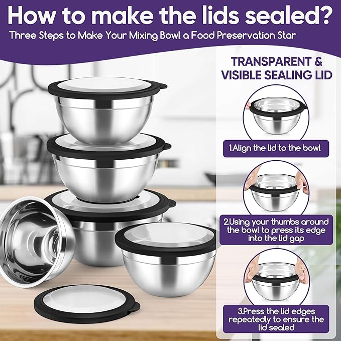 Herogo 5-Piece Mixing Bowls with Visible Lids, 3 Grater Attachments, Stainless Steel Salad Serving Bowls for Kitchen, 4.6/3.5/2.5/2/1.5 QT Ideal for Prepping & Cooking, Black