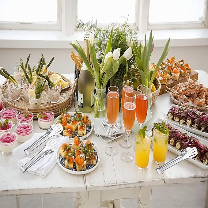 6PCS Serving Tongs, 7Inch Buffet Tongs, Stainless Steel Food Tong Small Serving Utensils for Cooking, Entertaining, Salad, Barbecue, Buffet, Toast and Steak by Sunenlyst (Stainless buffet tongs)