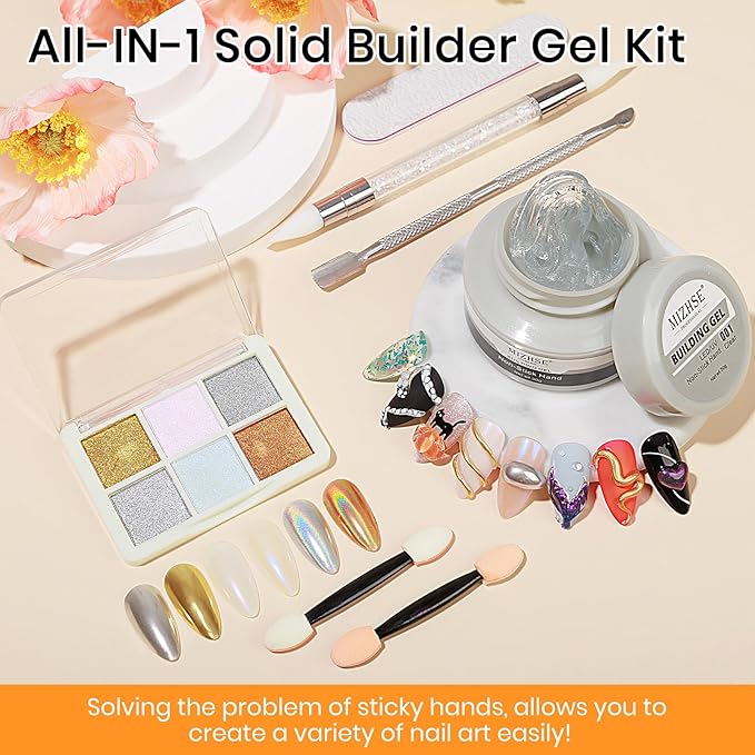 MIZHSE Solid Builder Gel - 1 oz Clear Non Stick Hand Hard Gel with 6 Colors Chrome Nail Powder and Nail Form Extension Kit for Salon and Home DIY-BrightBean Baby