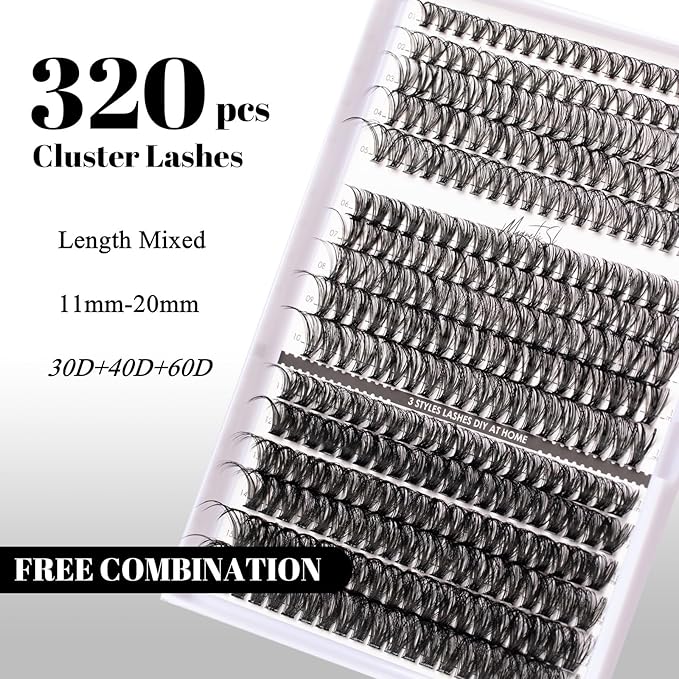 Lash Clusters 320pcs Individual Lashes 30D&40D&60D DIY Lash Extensions D Curl Lash Clusters False Eyelashes Natural Look 11-20mm Mix Cluster Eyelash Extensions EASY TO USE (30D+40D+60D-0.07D)-BrightBean Baby