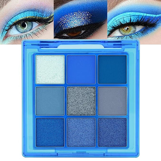 Erinde 9 Colors Dark Light Royal Cobalt Blue Pearl White Glitter Shimmer Eye Shadow Makeup Palette Highly Pigmented Waterproof Matte Glitter Shimmer Daily Party Sparkling Eyeshadow Palett for Girl-BrightBean Baby