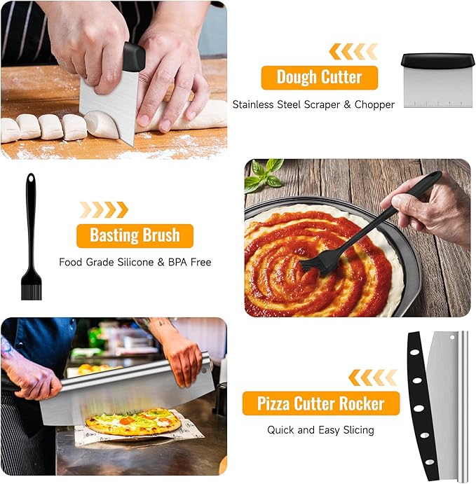Pizza 7PCS Pizza Peel Pizza Pan Set, 12" x 14" Pizza Spatula, Aluminum Pizza Paddle with Rocker Cutter Scraper Pie Server Oil Brush, Pizza Oven Accessories, Baking Pizza, Dough, Bread & Pastry