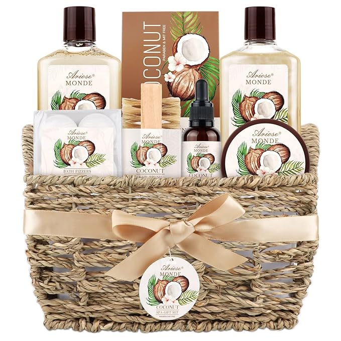 Bath & Shower Spa Basket Gift Set, Coconut Scent, with Shower Gel, Bubble Bath,Body Lotion, Bath Bomb,Bath Salt, Bath and Body Gift Box for Women-BrightBean Baby