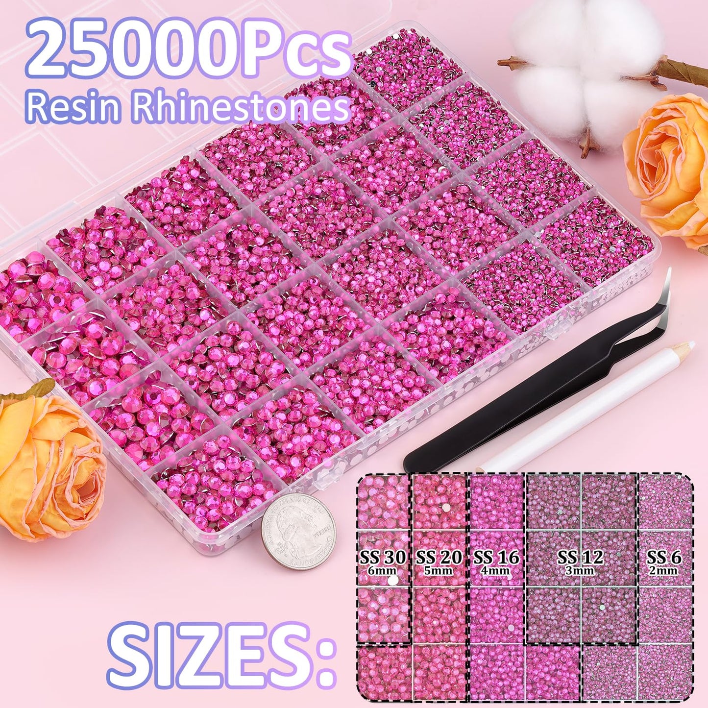25000Pcs Resin Rhinestones with Tweezers for Crafting, Hot Pink 2-6mm Mixed Sizes Non Hotfix Flatback Gems, Bedazzling Crystal for DIY Craft Clothing Mugs Tumblers Shoes Fabric Decor Nail Art-BrightBean Baby