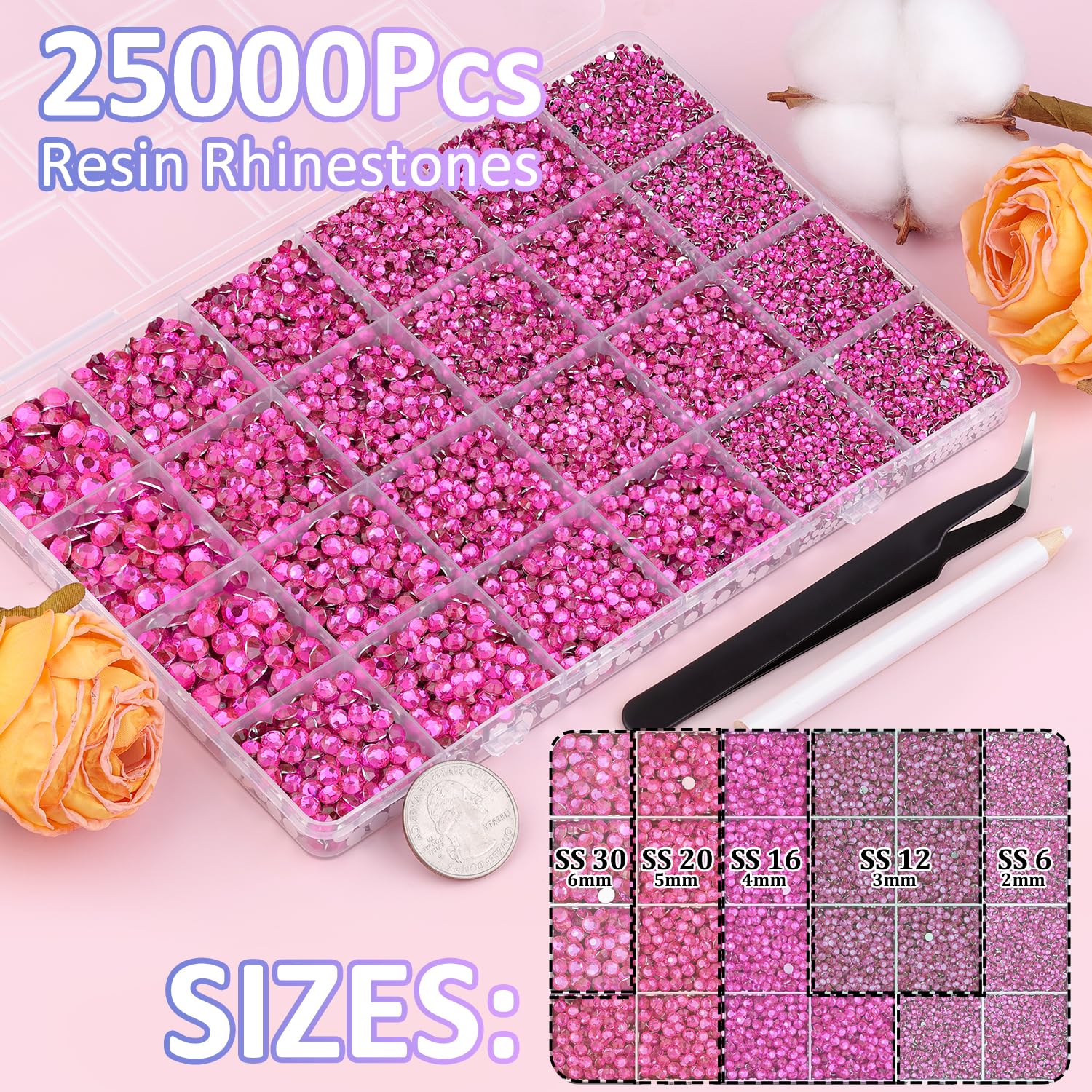 25000Pcs Resin Rhinestones with Tweezers for Crafting, Hot Pink 2-6mm Mixed Sizes Non Hotfix Flatback Gems, Bedazzling Crystal for DIY Craft Clothing Mugs Tumblers Shoes Fabric Decor Nail Art-BrightBean Baby