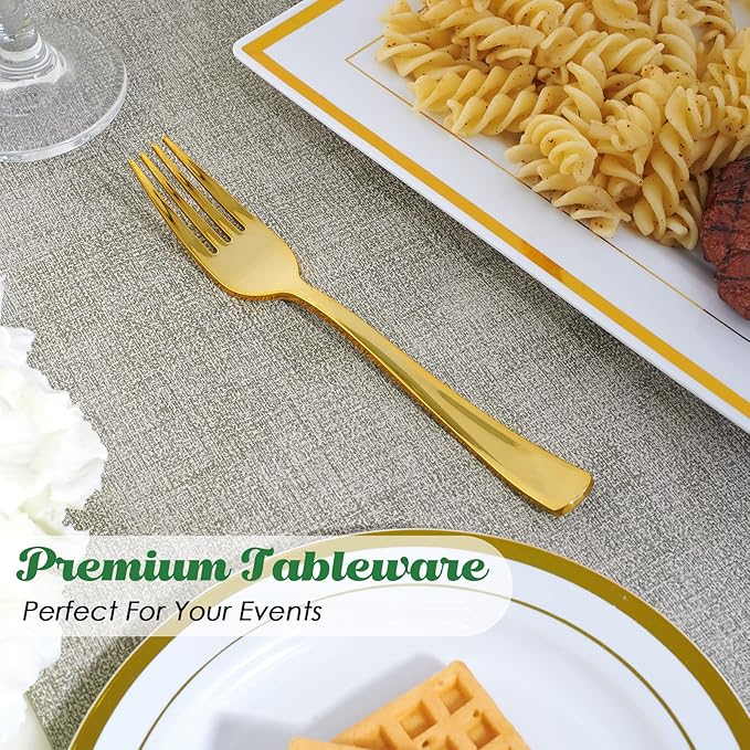 FOCUSLINE 300 Pack Disposable Gold Plastic Forks, Solid and Durable Plastic Cutlery Forks, Heavy Duty Disposable Utensil Silverware for Catering, Parties, Dinners, Weddings