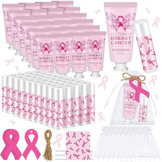 50 Set Breast Cancer Awareness Gifts Bulk Woman Pink Ribbon Lip Balm Hand Cream Include 50 Lip Balm 50 Hand Cream 50 Bag 50 Tag Breast Cancer Awareness Month Items Survivors Offices-BrightBean Baby