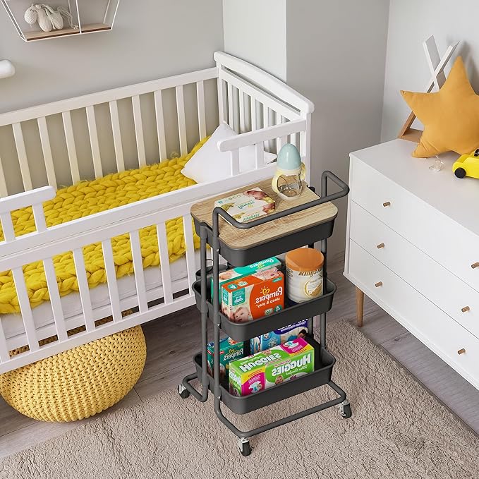 DTK 3 Tier Rolling Cart Uility Cart with Cover Board, Mobile Storage Cart with Wheels, Cups, Hooks for Office Utility Kitchen Bathroom Homeschool Art Craft Postpartum Teacher Cart Organizer(Black)-BrightBean Baby