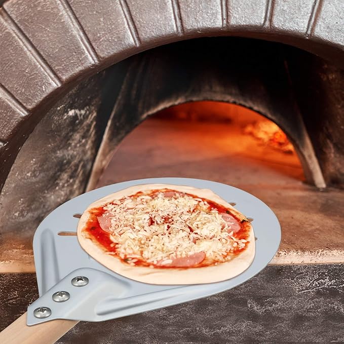 Pizza Turning Peel Perforated Pizza Turner Round Metal Aluminum Turning Peel Paddle with 16 Inch Anti-scalding Non-slip Durable Wooden Handle for Homemade Bread Bakers Oven Accessories(7 Inch)