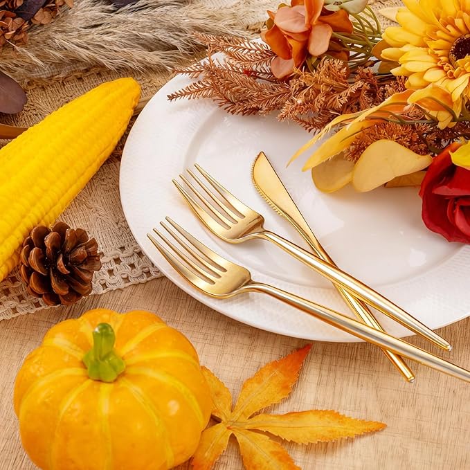 Rubtlamp 90Pcs Gold Plastic Silverware, Gold Disposable Thanksgiving Utensils, Plastic Cutlery Include 30 Plastic Knives, 60 Forks and Spoons, Fancy Plastic Silverware Heavy Duty for Thanksgiving