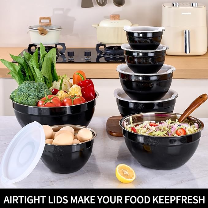 Black Mixing Bowls with Lids Set of 7, Stainless Steel Nesting Bowl with Khaki Lid for Non-slip Mixing Prepping Storing Serving, 7 Sizes-7/3.6/2.7/2.1/1.5/1/0.8 QT