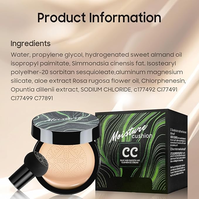 Air Cushion CC Cream Foundation - Mushroom Head BB Creams, Long Lasting Concealing Brightening, Moisturizer Face Cream,Facial Skin Care Makeup For All Skin Types (Natural)-BrightBean Baby