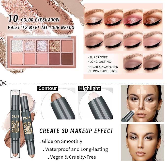 Makeup Kit For Girls Teens Women, Makeup Set, Makeup Present, Includes Eyeshadow Palette, Foundation, Eyebrow Pencil, Eyeliner, Lip Gloss, Counter Stick, Makeup Brush Set Bag & Sponge-BrightBean Baby