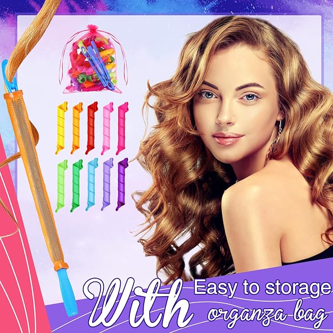 Yilloog 40 Pieces Hair Curlers Kit Heatless Spiral Curlers Tools with 2 Styling Hooks and 1 Storage Bag Multicolor Magic Curls Rollers for Women Long Medium Short Hair Classic Style-BrightBean Baby