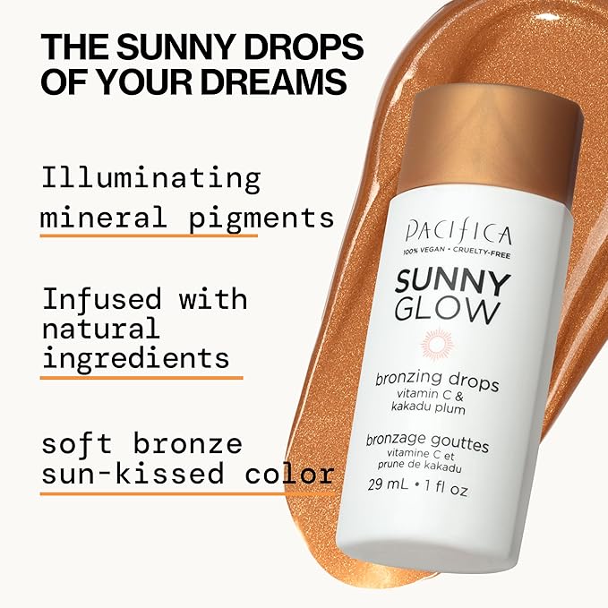 Pacifica Sunny Glow Liquid Face Bronzer Drops - Face Makeup Bronzing For Face & Cheeks for Instant Sun-Kissed Glow - Vitamin C & Glycolic Acid Infused Liquid Bronzer Illuminating Highlighting Clean-BrightBean Baby