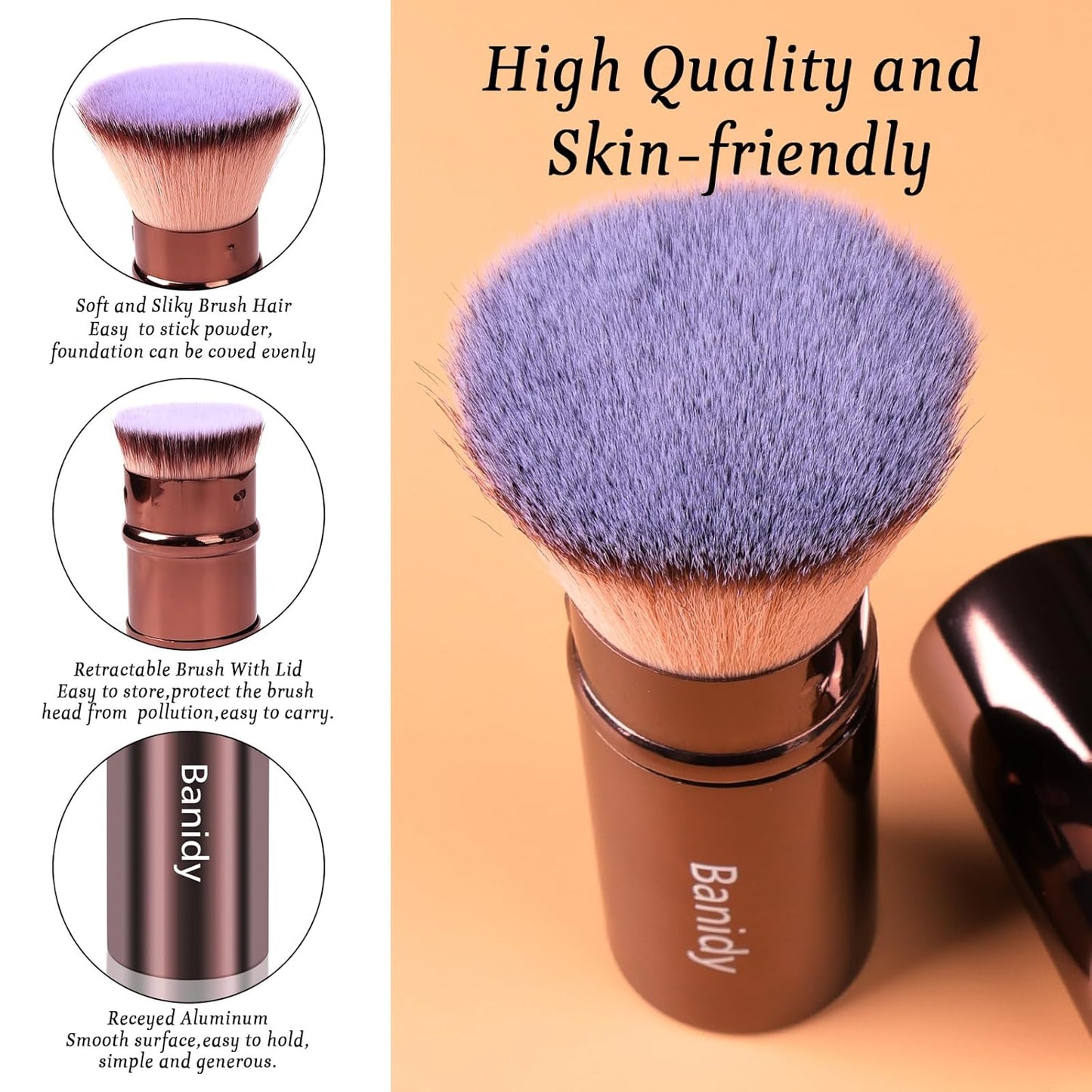 Makeup Brush Kabuki Face Brushes Retractable Travel Blush Brush Portable Flawless for Foundation, Powder Blush, Bronzer, Buffing, Liquid, Cream, Cruelty Free with Cover(Flat-Head)-BrightBean Baby