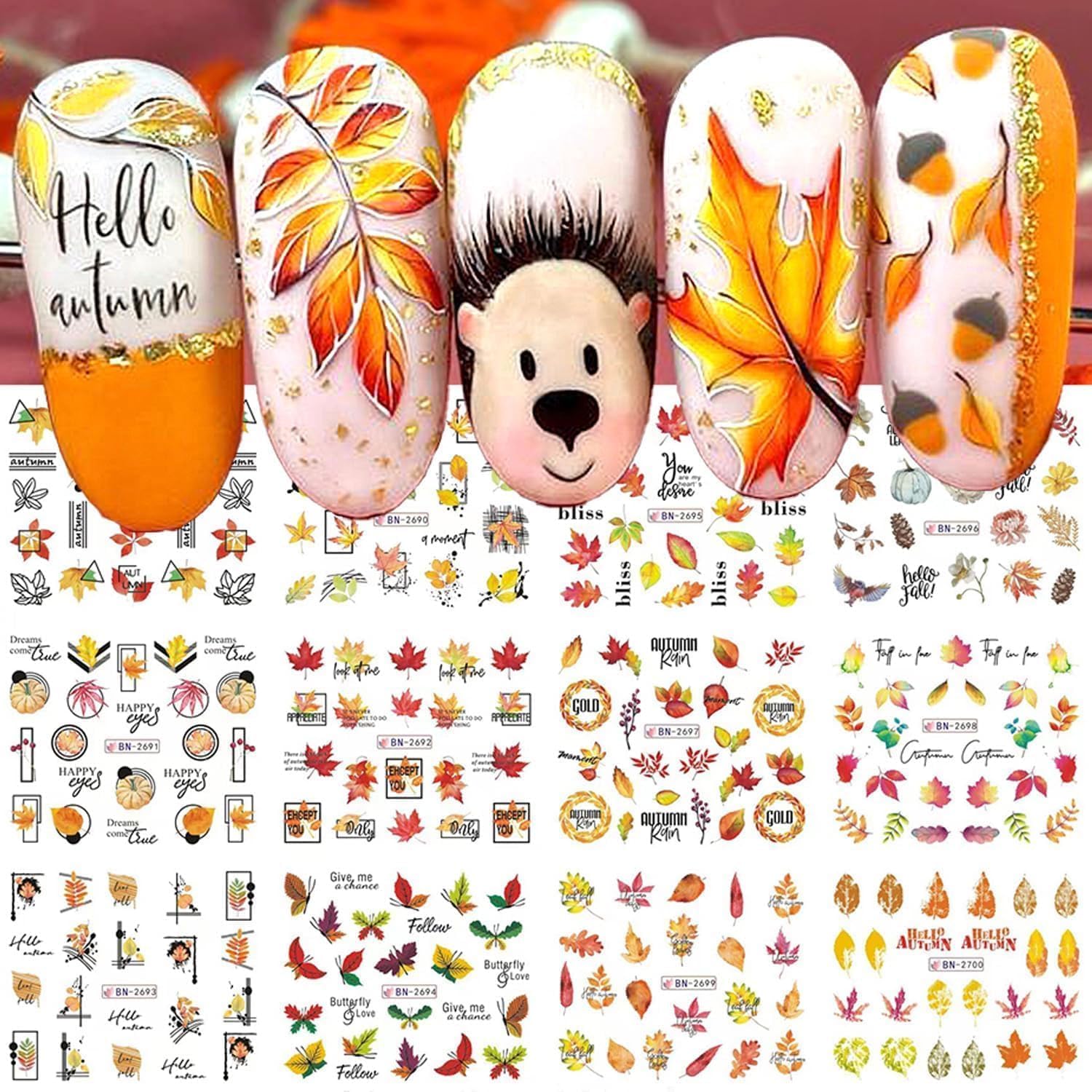 Fall Thanksgiving Nail Art Stickers Decals, 12 Sheets Maple Leaf Design Water Transfer Nail Decals Autumn Thanksgiving Nail Art Decoration Abstract Leaves Ginkgo Slider Nail Foils for Women DIY Supply-BrightBean Baby