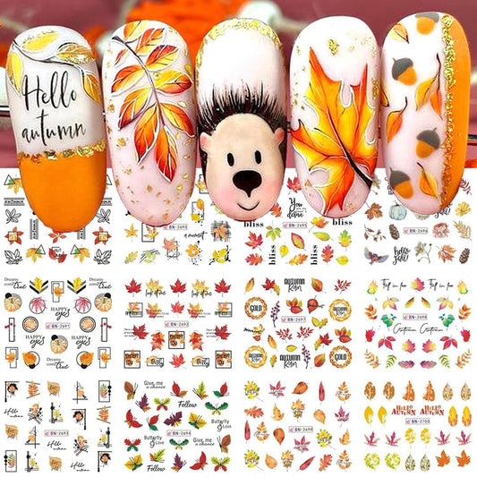 Fall Thanksgiving Nail Art Stickers Decals, 12 Sheets Maple Leaf Design Water Transfer Nail Decals Autumn Thanksgiving Nail Art Decoration Abstract Leaves Ginkgo Slider Nail Foils for Women DIY Supply-BrightBean Baby