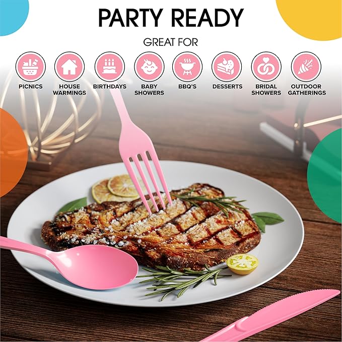 Party Solids Pink Plastic Silverware Heavy Duty 300 Pieces Pink Plastic Cutlery Sets, Utensil Sets, 100 Of Each Forks, Knives & Spoons Disposable Cutlery Set, Flatware Set For Party Supplies