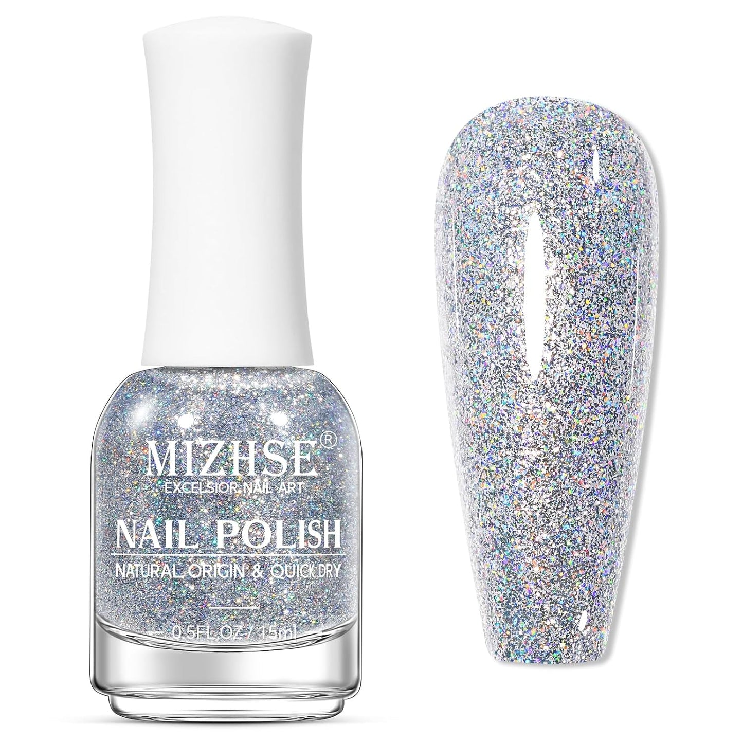 MIZHSE Quick Dry Glitter Nail Polish, Siver Rainbow Nail Polish Air Dry Fast, 15ml High Glossy Sparkly Shiny Shimmery Iridescent Silver Nail Art Salon Manicure Home-BrightBean Baby