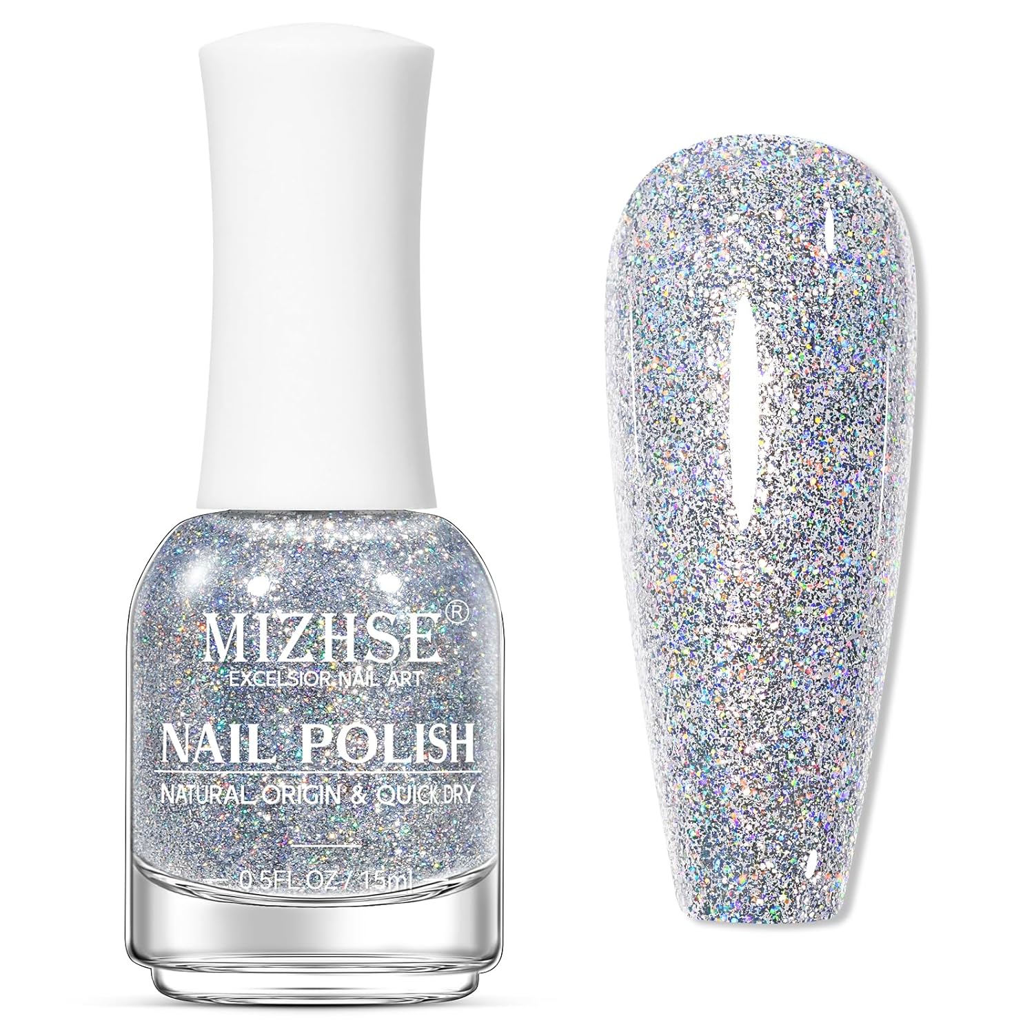 MIZHSE Quick Dry Glitter Nail Polish, Siver Rainbow Nail Polish Air Dry Fast, 15ml High Glossy Sparkly Shiny Shimmery Iridescent Silver Nail Art Salon Manicure Home-BrightBean Baby